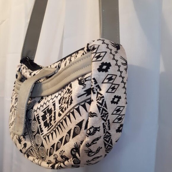 New Southwestern ethnic print Kokopelli Purse Tan Black Vinyl trim shoulder bag - Picture 2 of 9